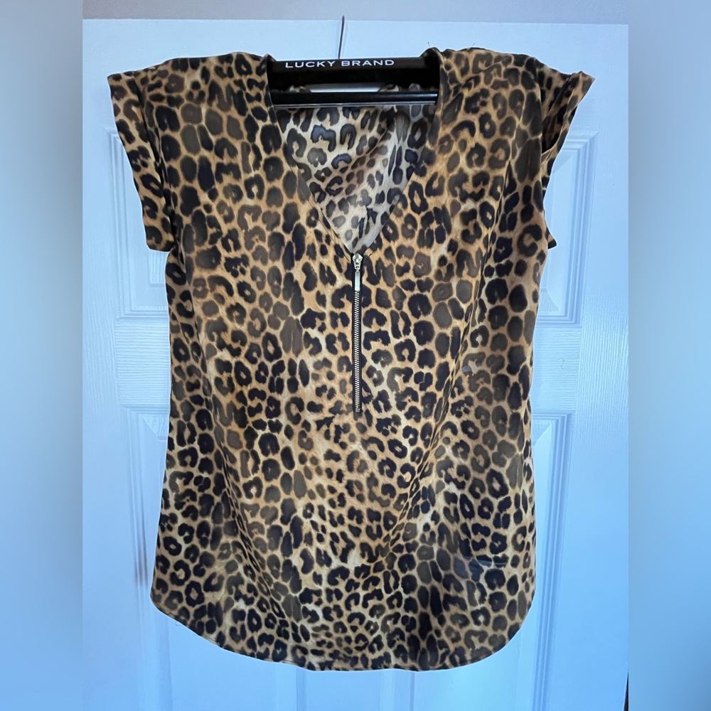 Express zip up short sleeve silky leopard print dress top